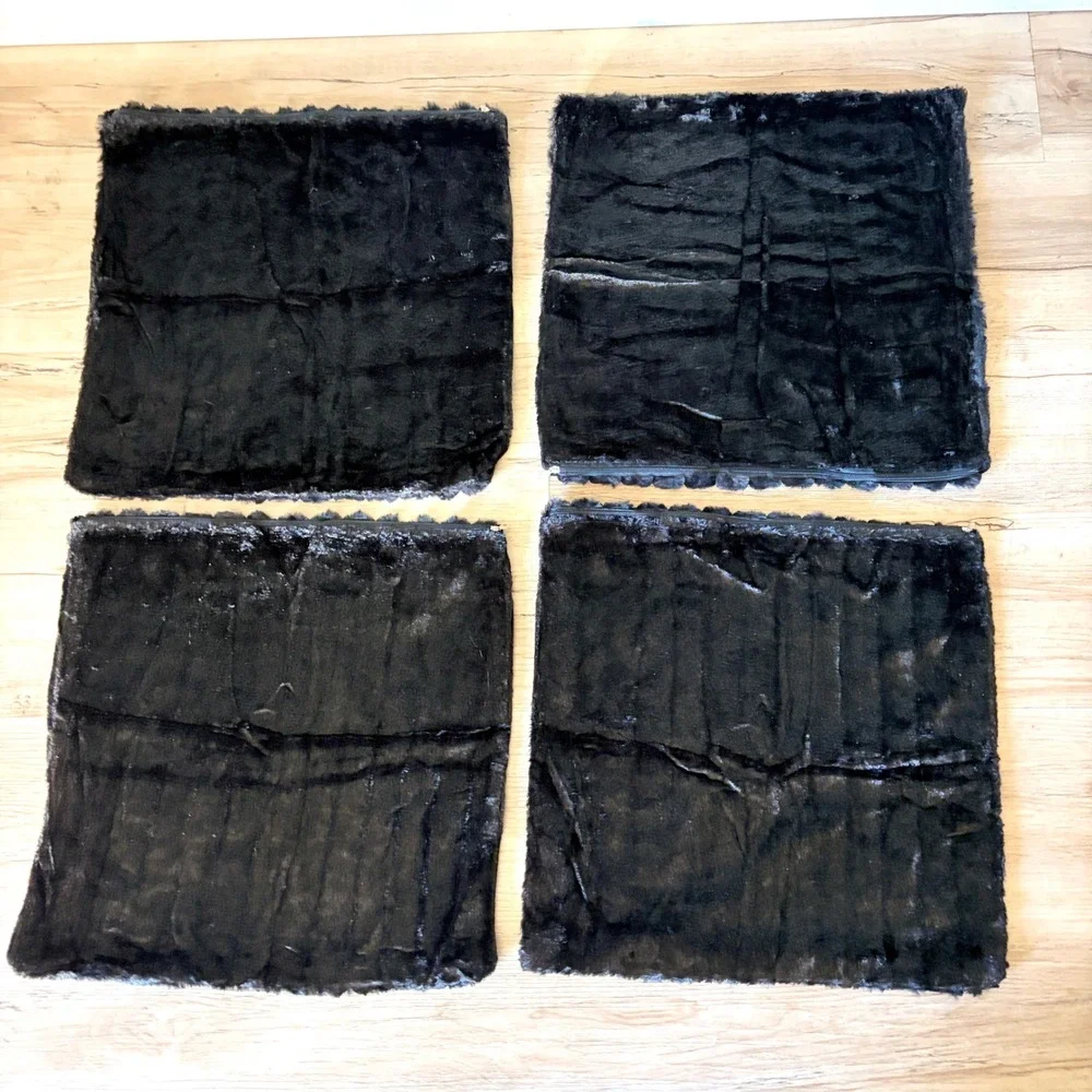 Set of 4 Black Faux Fur Ribbed Pillow Covers 17x17 Channeled Textured Square